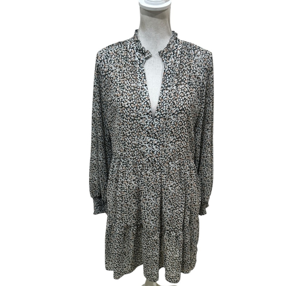 Elan Black, White, peach Floral Long Sleeve Dress v neck ruffle neck size medium